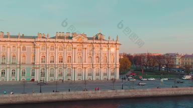 空中视图令人难以置信的美丽的dvortsovaya路堤中心彼得堡日落著名的博物馆赫米蒂奇以撒的大教堂背景海军上将的职位建筑